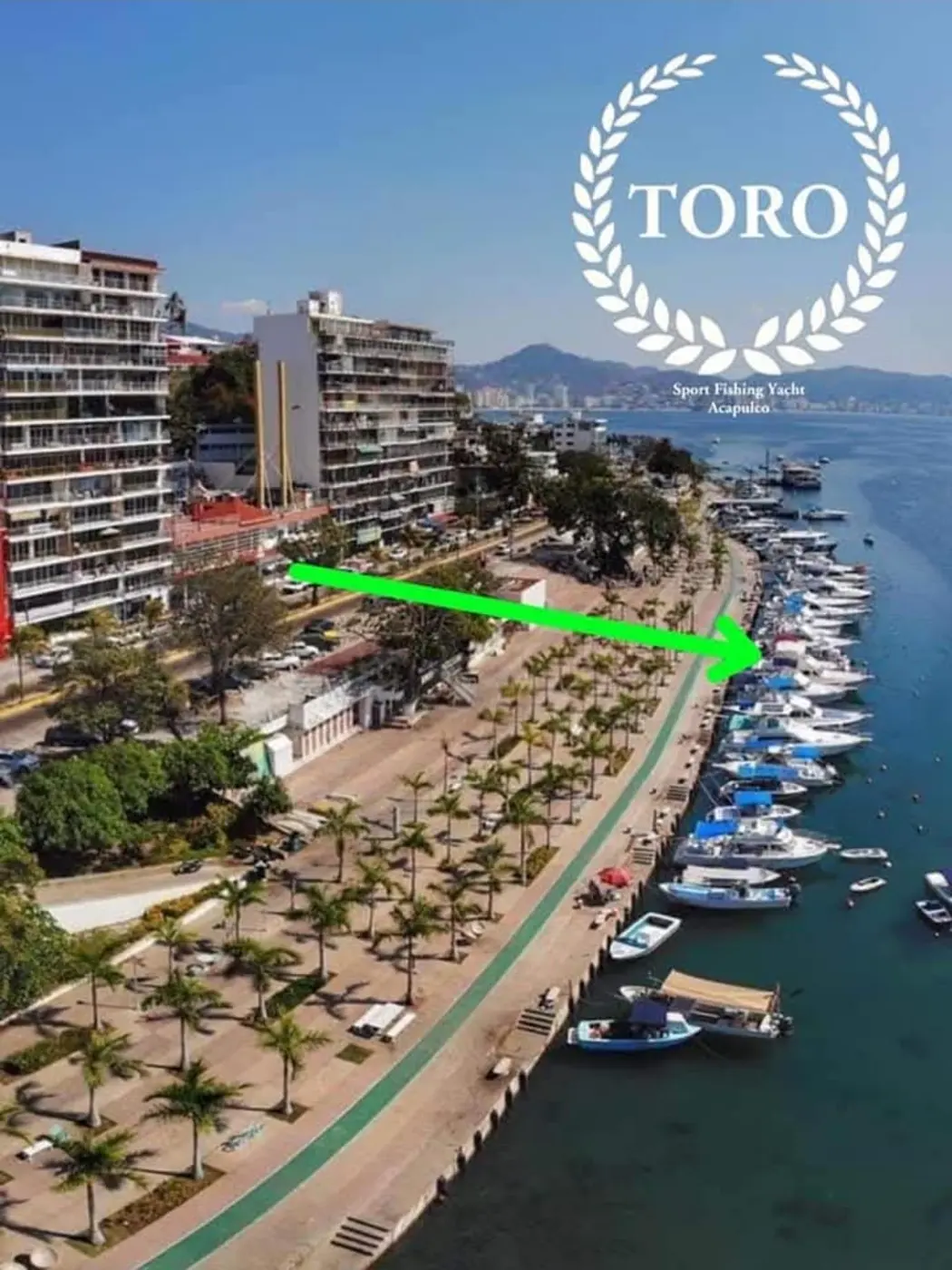Vista aérea del muelle Club de Skys en la Costera, con flecha señalando el embarcadero
